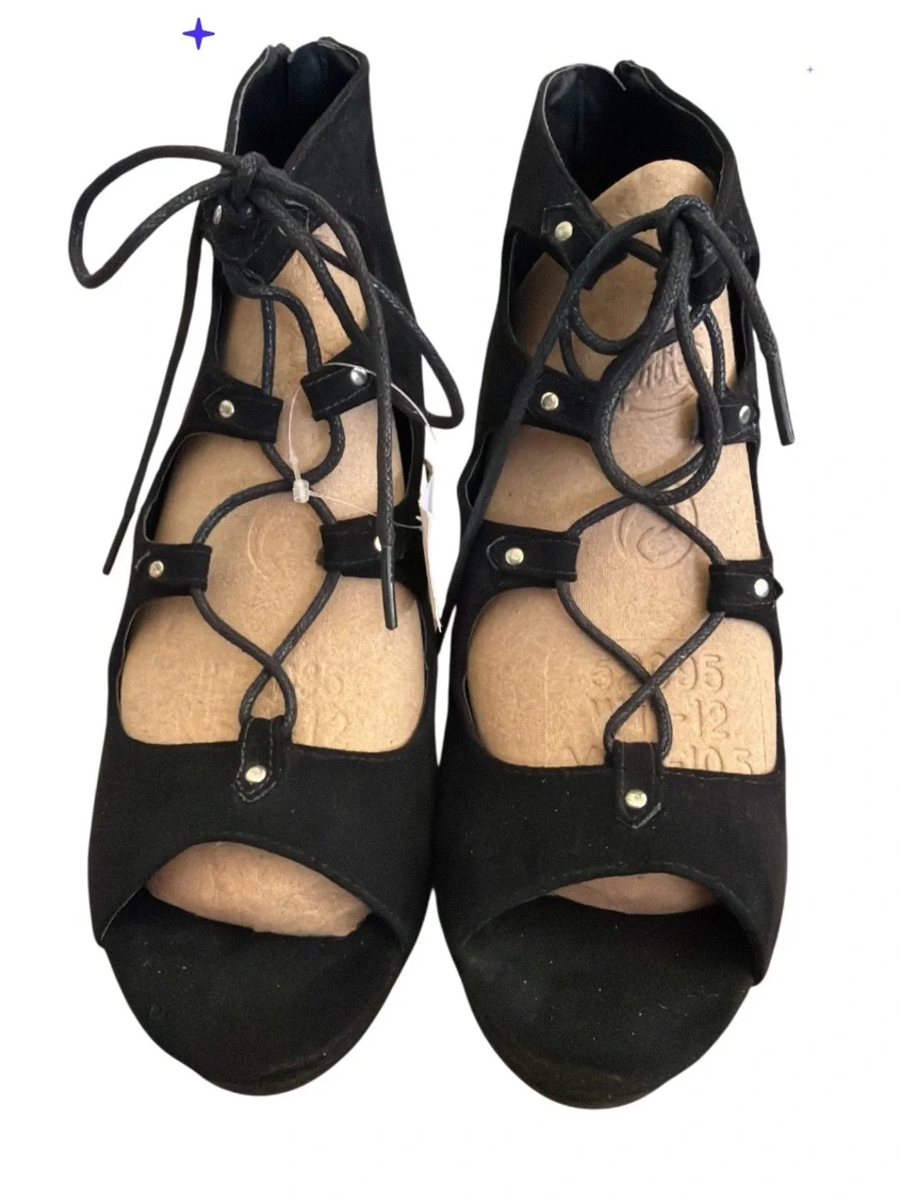 NWT- Sugar Black Suede Lace-Up Peep-Toe Wedges